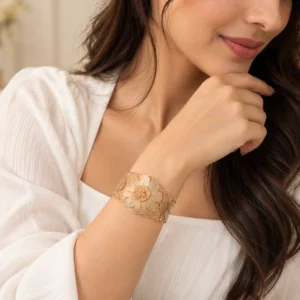 Gold filigree flower cuff bracelet in certified 925 sterling silver