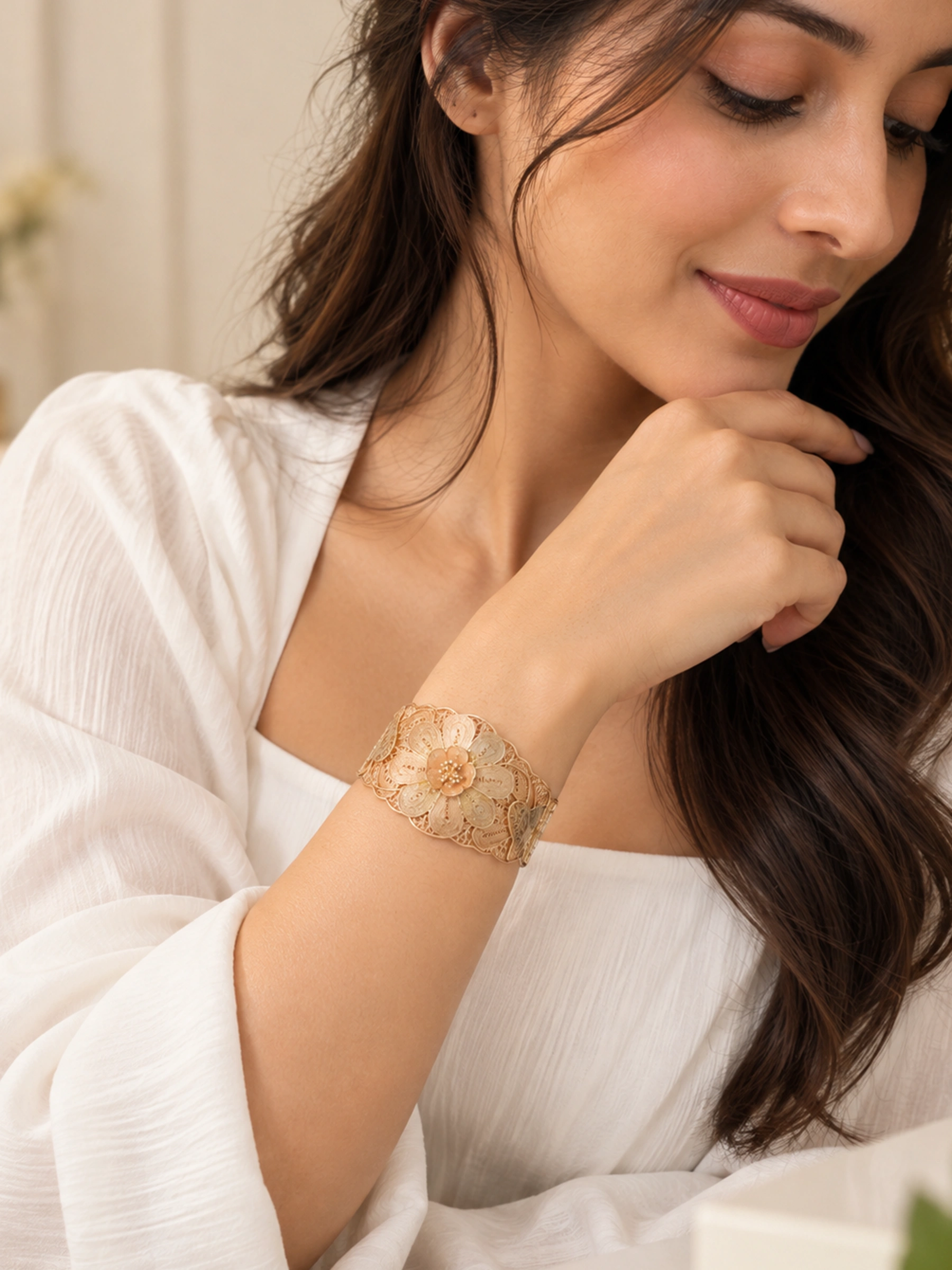 Gold filigree flower cuff bracelet in certified 925 sterling silver