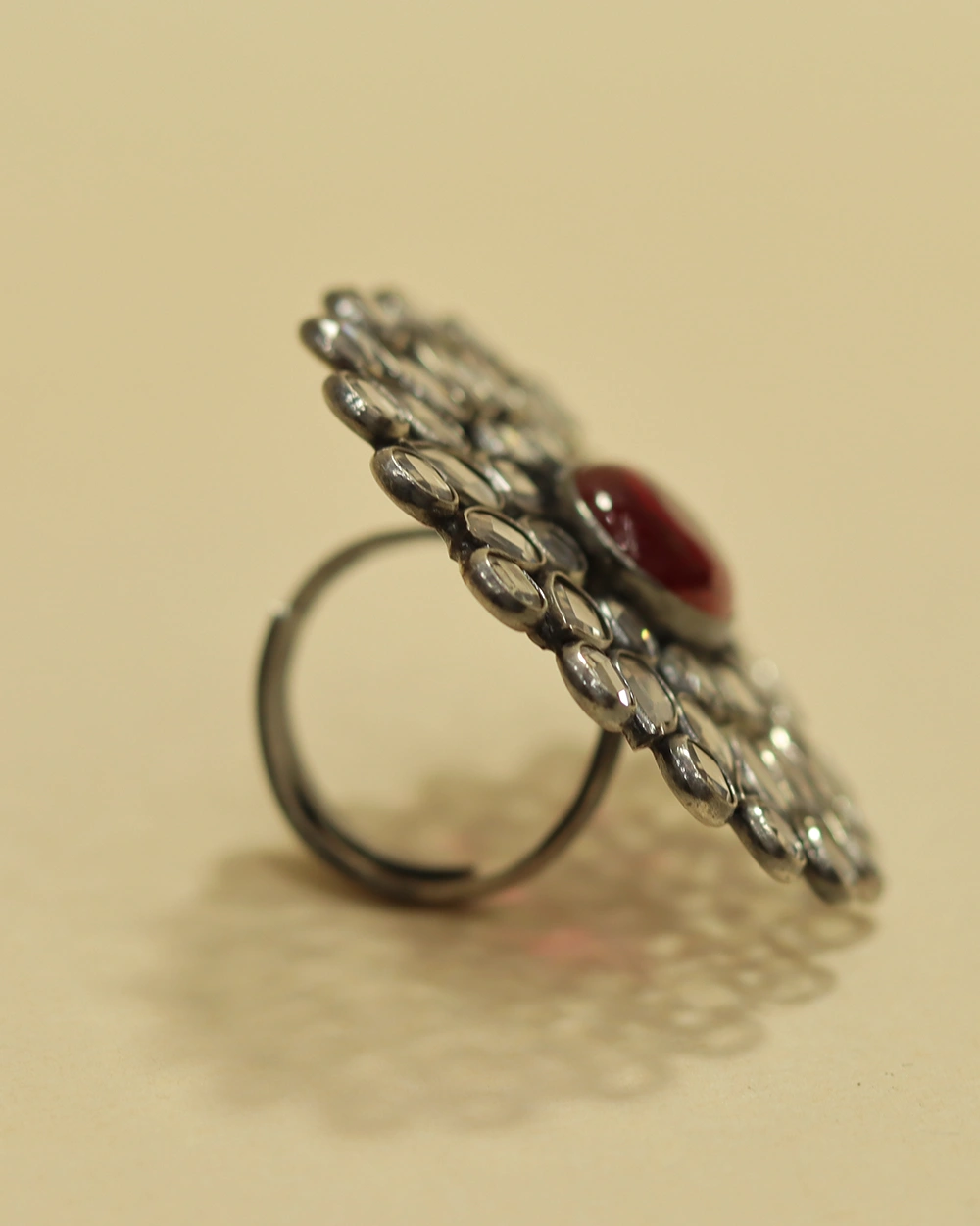 Handcrafted 925 sterling silver ruby cocktail ring side view