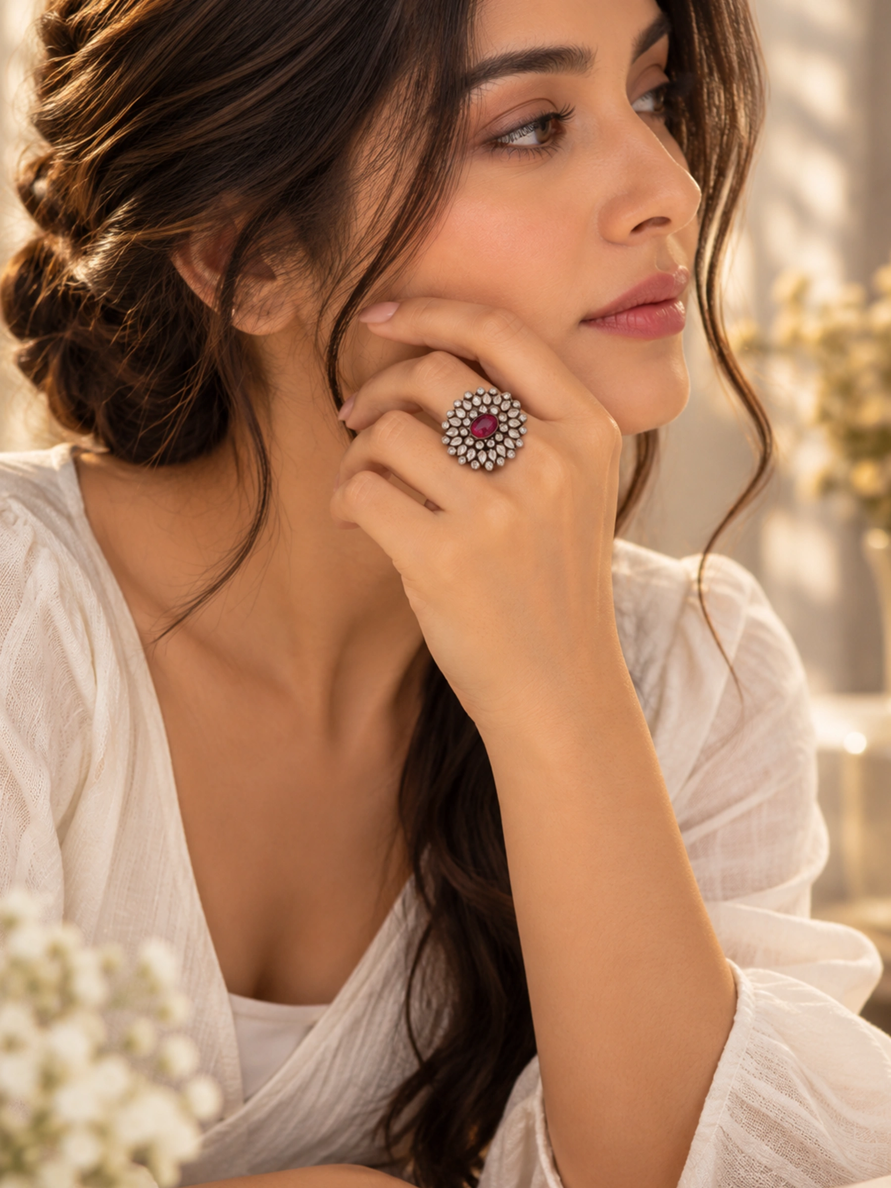 Handcrafted silver floral cocktail ruby ring in 925 sterling silver