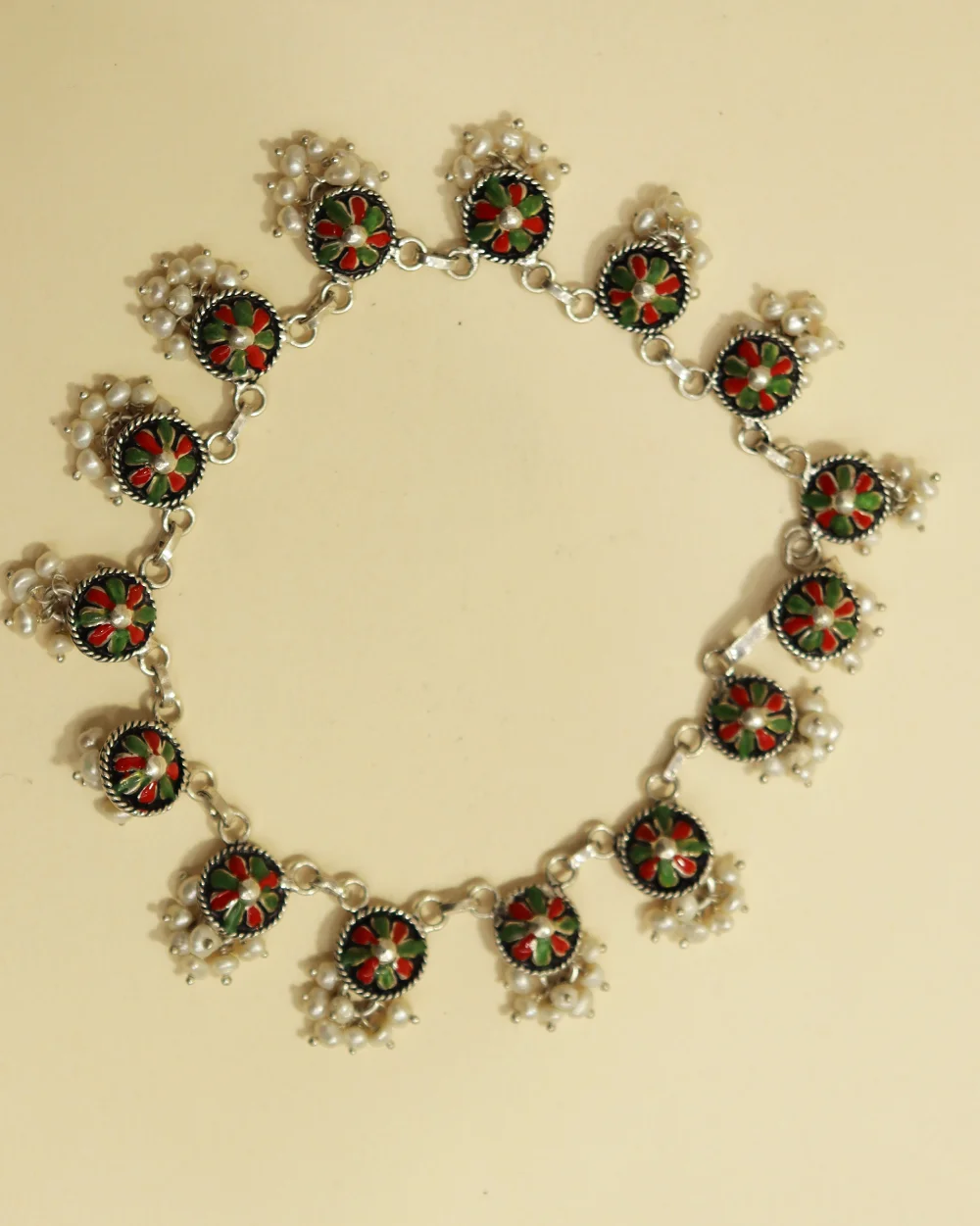 Handmade Silver Anklet with Floral Pearl Design