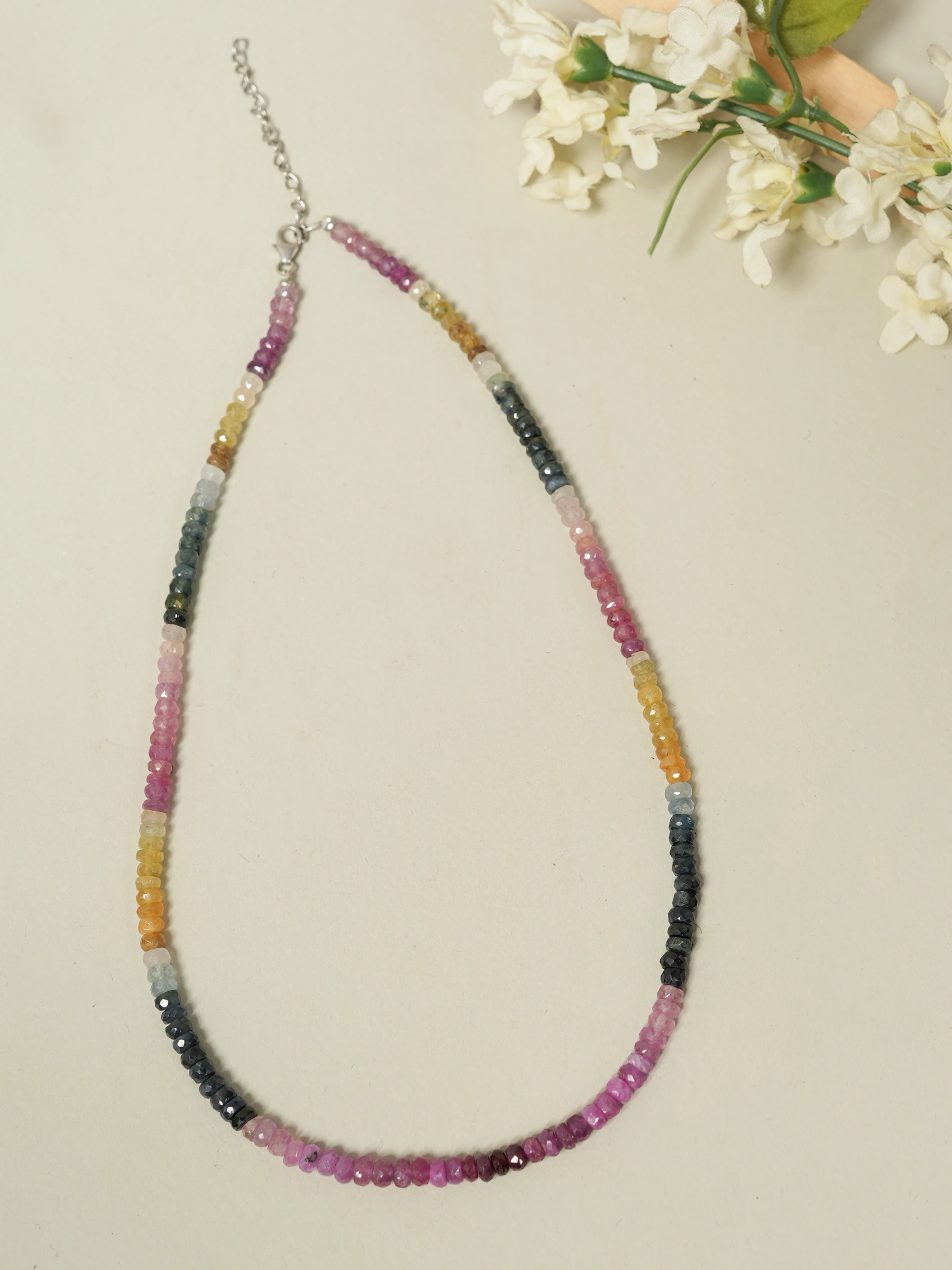 Natural Multi Color Precious Sapphire Faceted Rondelle Necklace