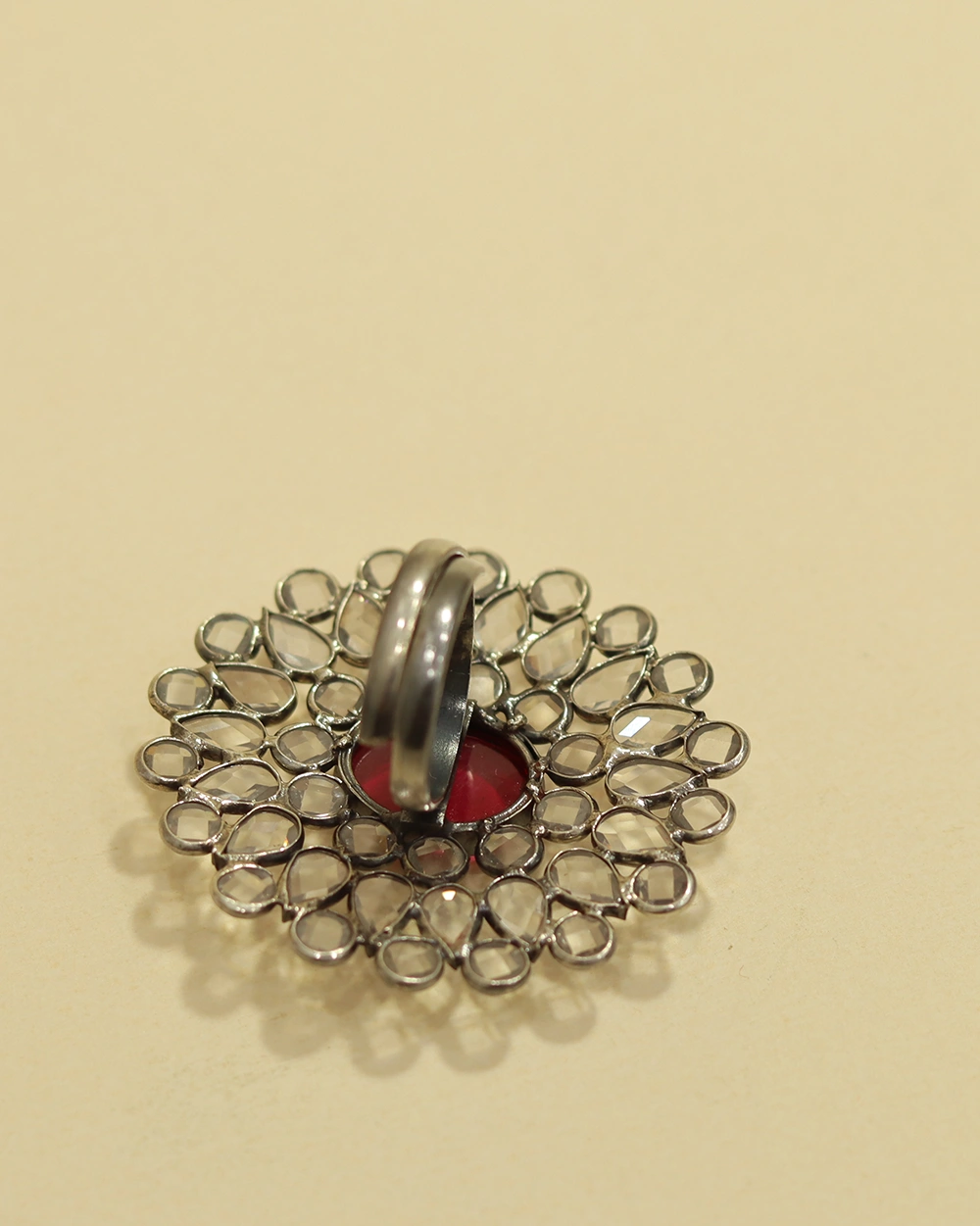 Ruby centre detail on handcrafted 925 silver floral cocktail ring