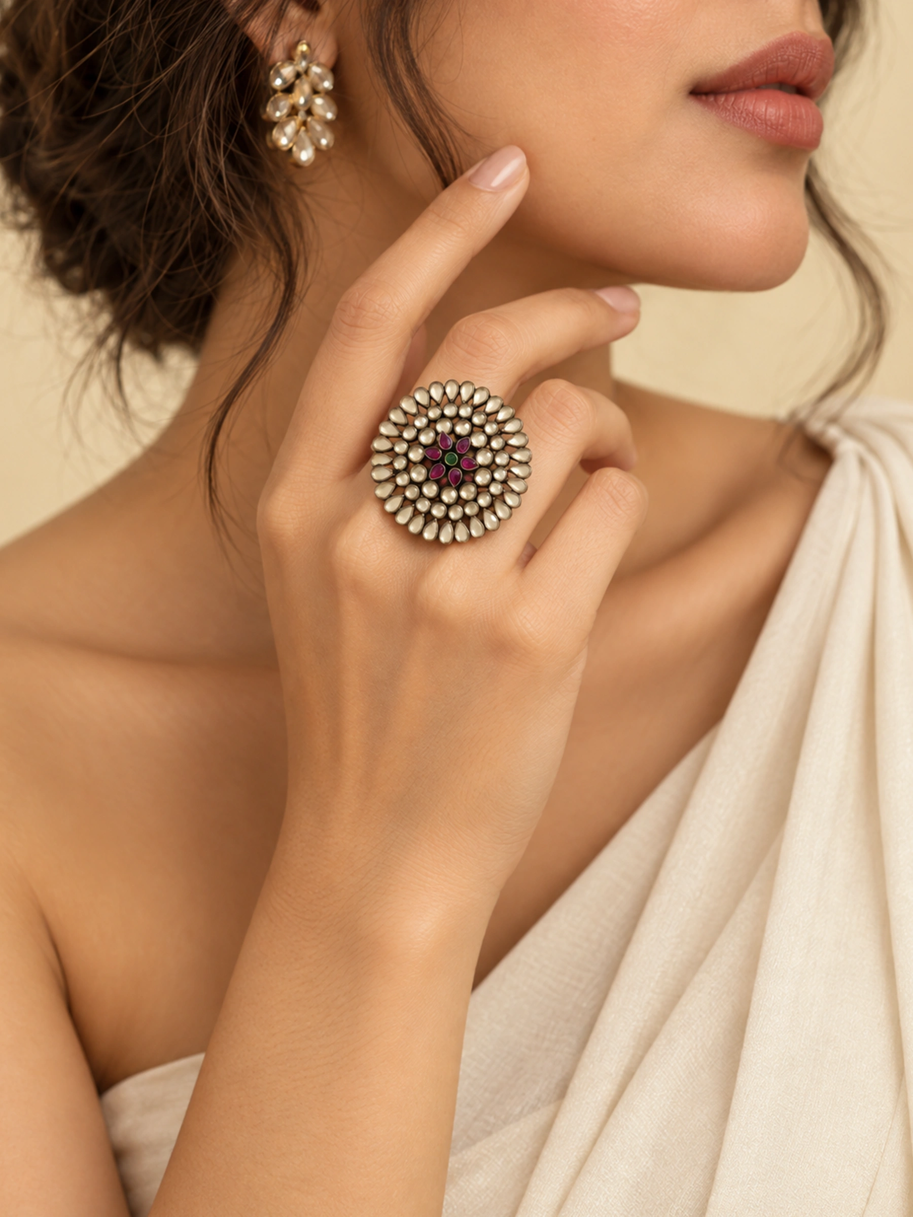Kundan Silver Ring Free Size for Women