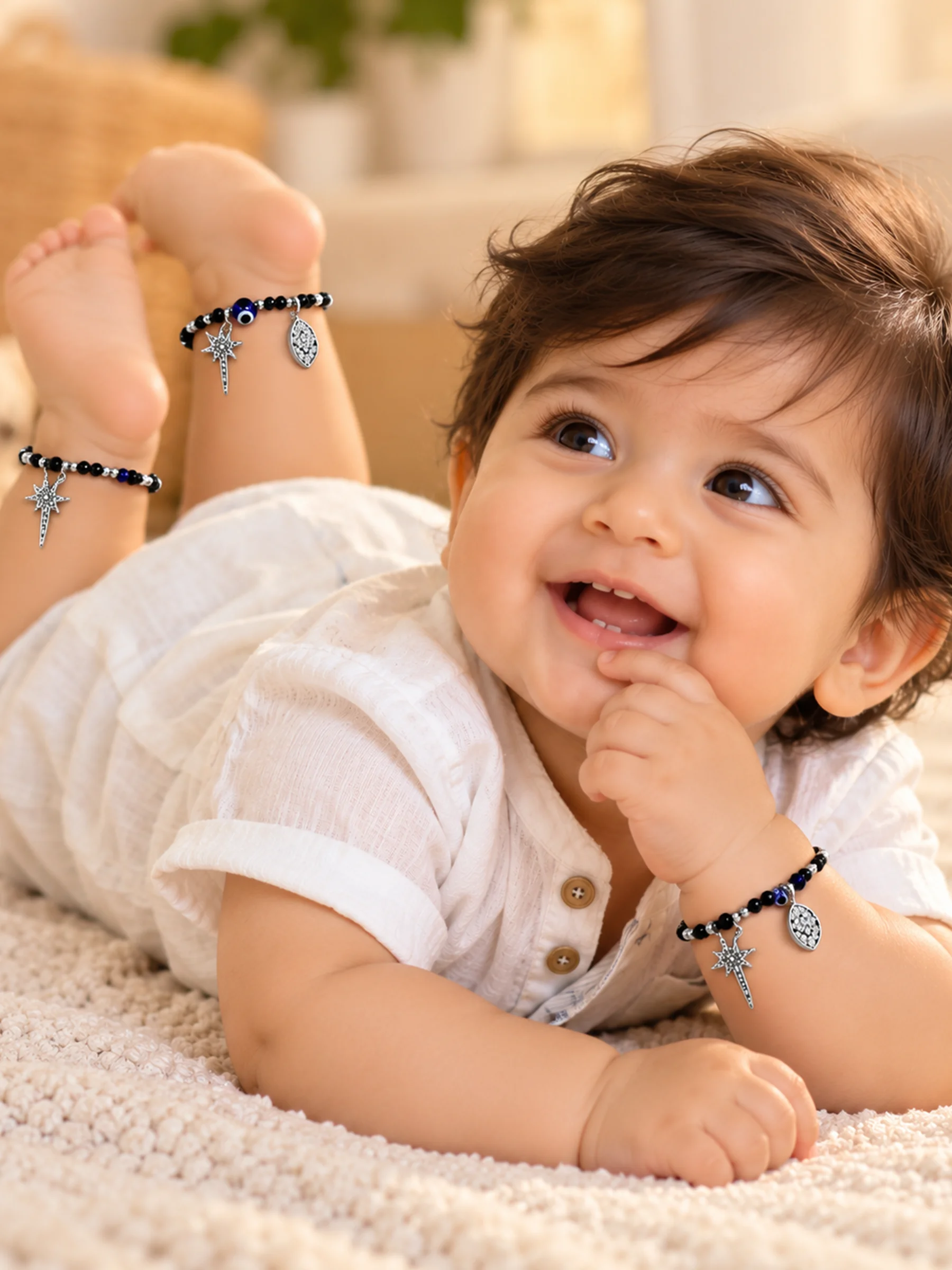 925 Silver Black Beaded Kids Nazar Bracelet