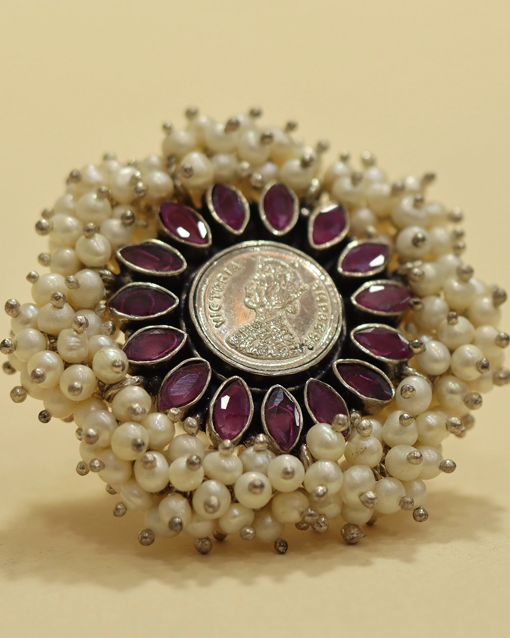 925 Silver Pearl Statement Ring with Pink Stones