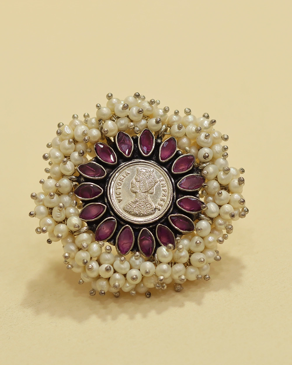925 Silver Pink Stone Pearl Floral Ring