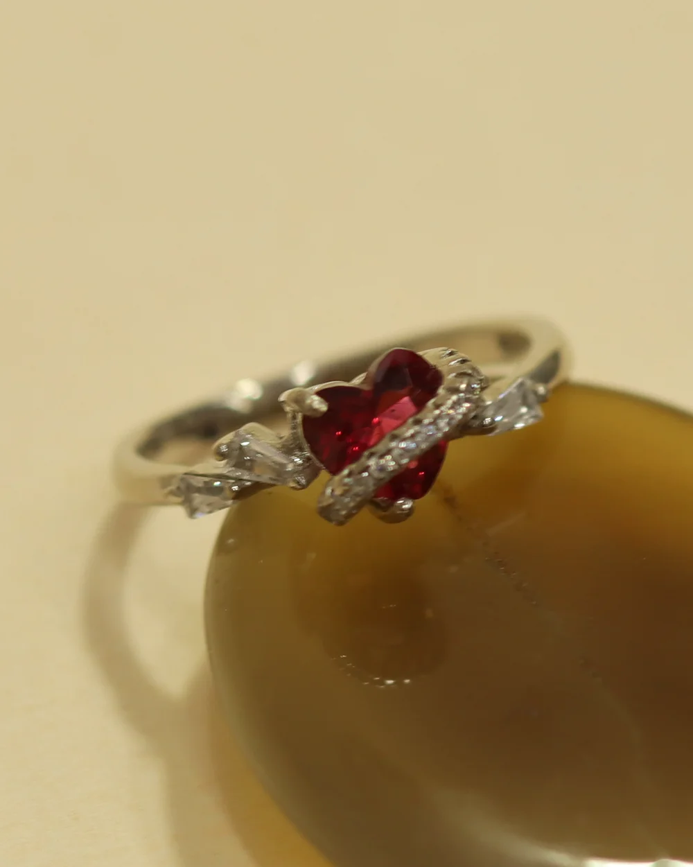 925 Sterling Silver Heart Shaped Red Stone Ring
