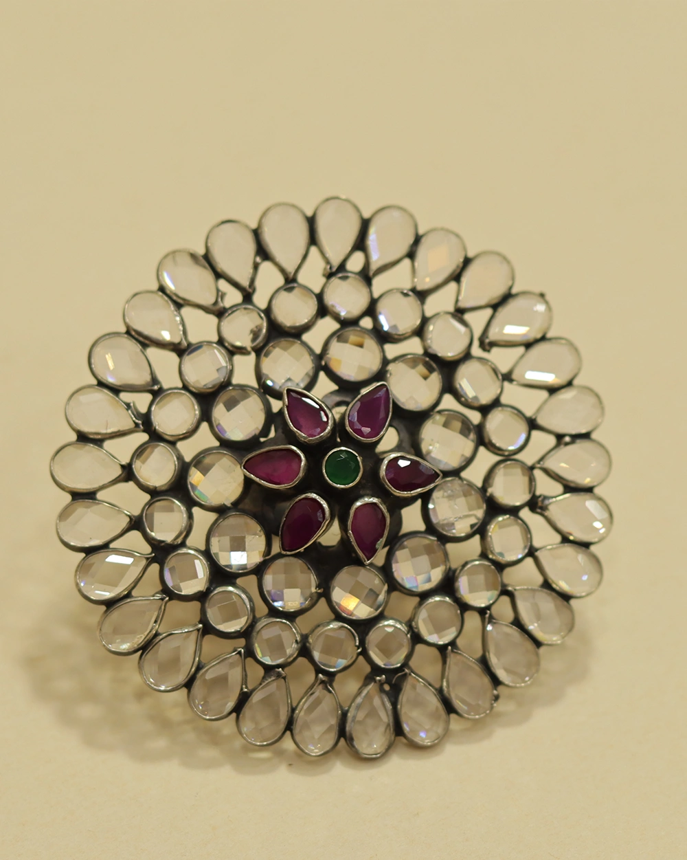 Adjustable Silver Kundan Ring for Women