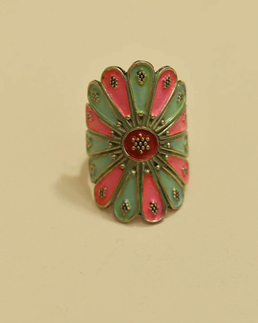 Designer Silver Ring with Pink and Green Floral Detail