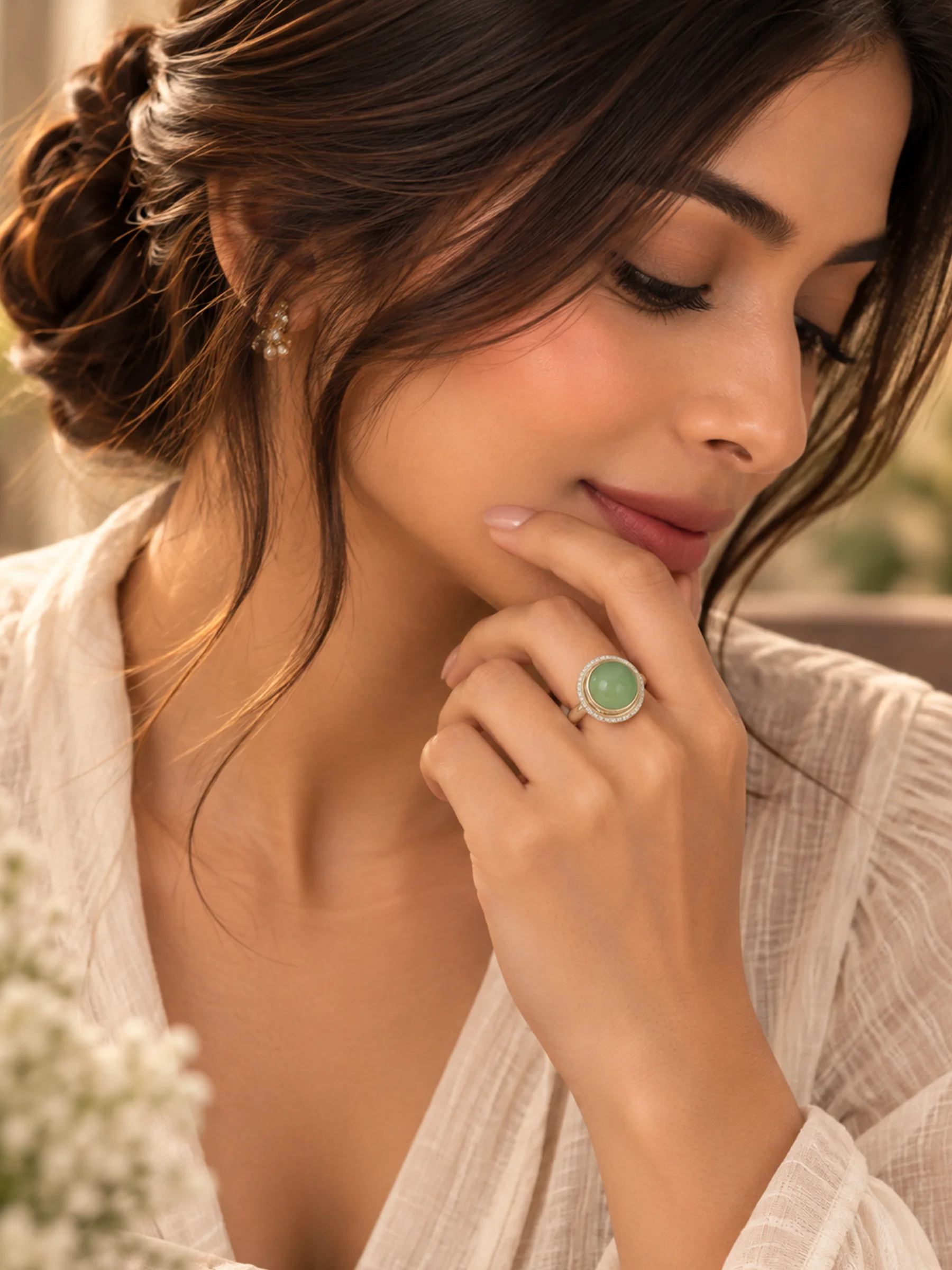 Green Stone Halo Ring for Women