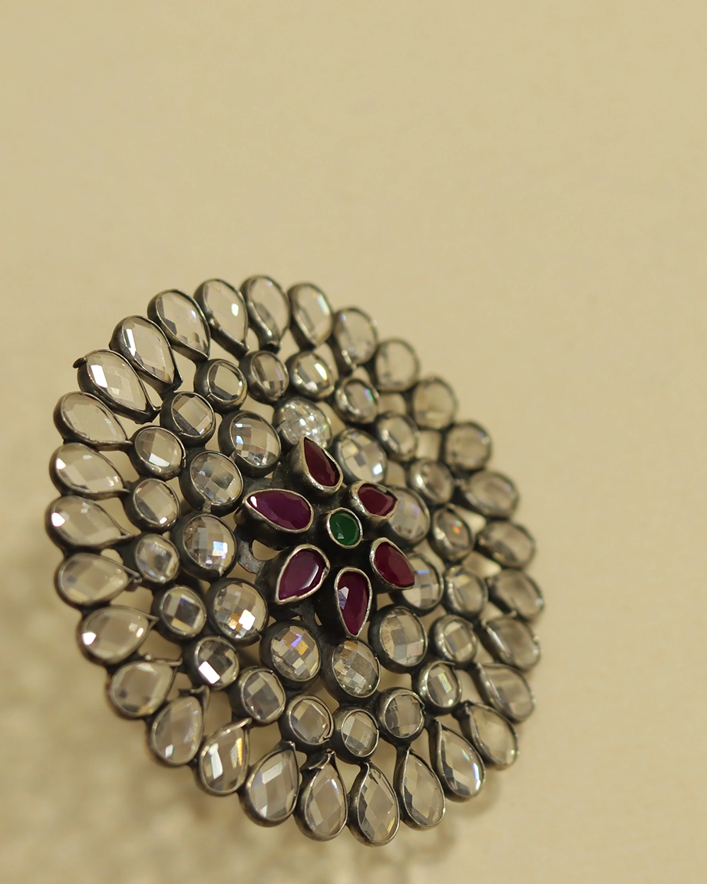 Large Kundan Silver Ring for Ethnic Wear