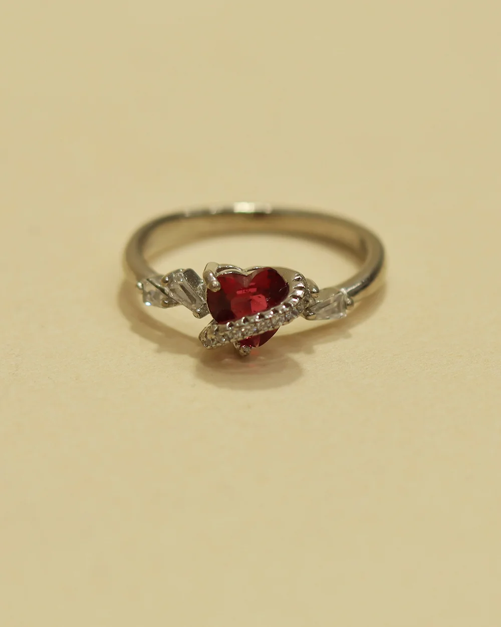 Silver Romantic Heart Ring with Red Gemstone