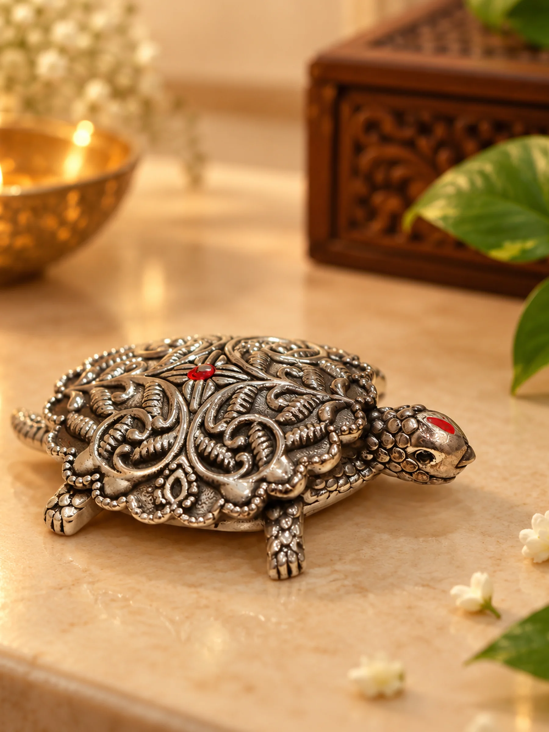 Silver Turtle Showpiece with Floral Carving